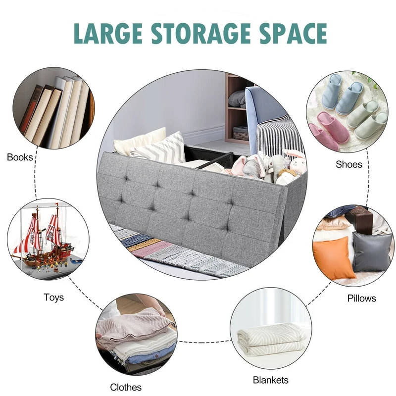 Fabric Folding Storage Bed End Bench, Light Gray