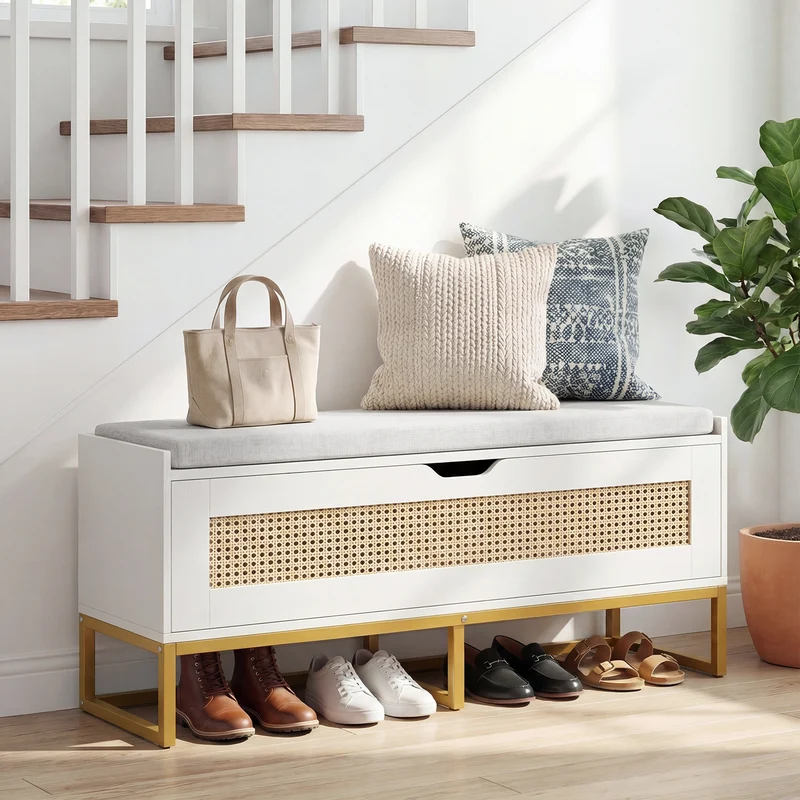 39.5" Rattan Storage Chest, Wicker Shoe Bench, Padded Seat Flip-Top, White