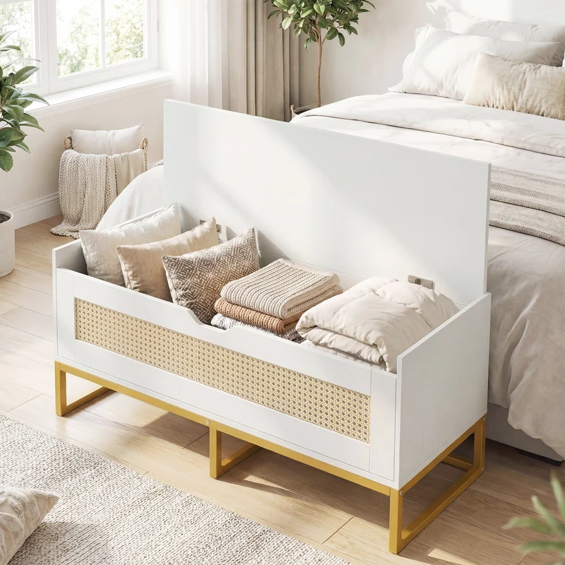 39.5" Rattan Storage Chest, Wicker Shoe Bench, Padded Seat Flip-Top, White