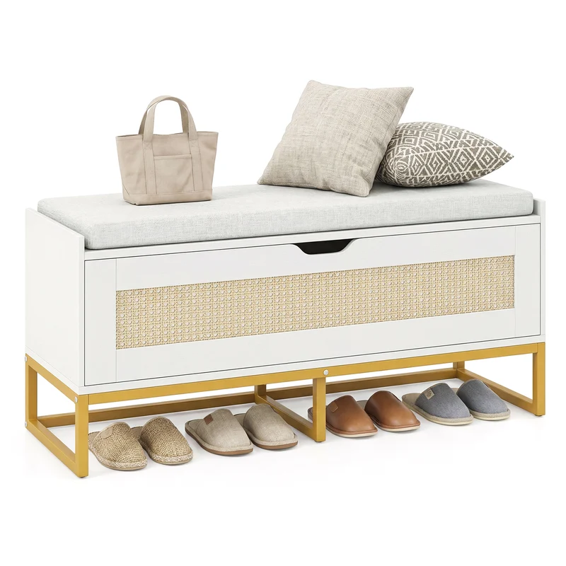 39.5" Rattan Storage Chest, Wicker Shoe Bench, Padded Seat Flip-Top, White