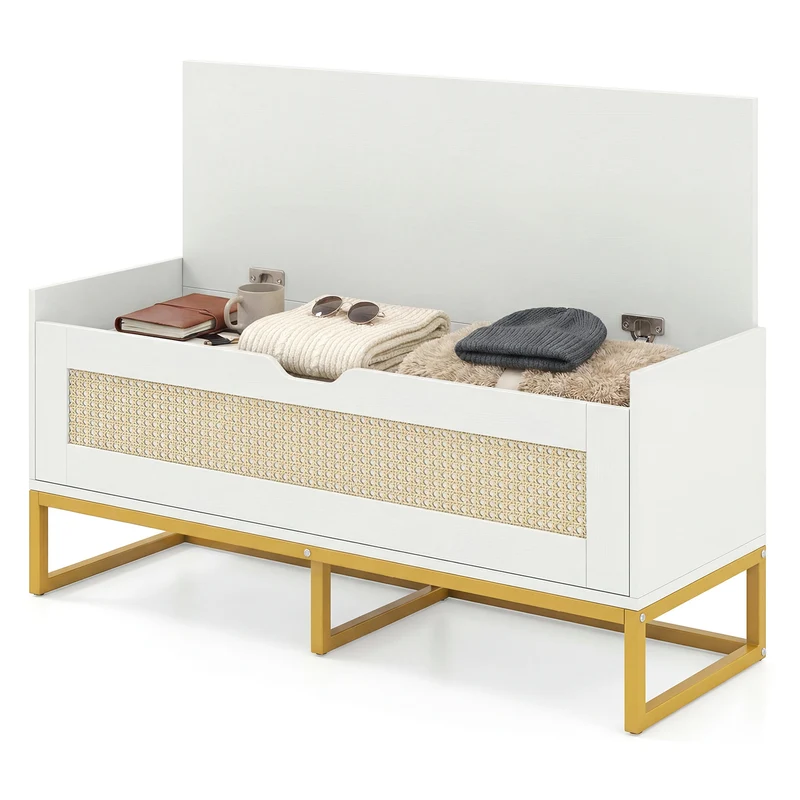 39.5" Rattan Storage Chest, Wicker Shoe Bench, Padded Seat Flip-Top, White