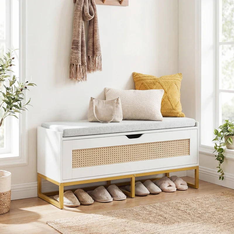 39.5" Rattan Storage Chest, Wicker Shoe Bench, Padded Seat Flip-Top, White