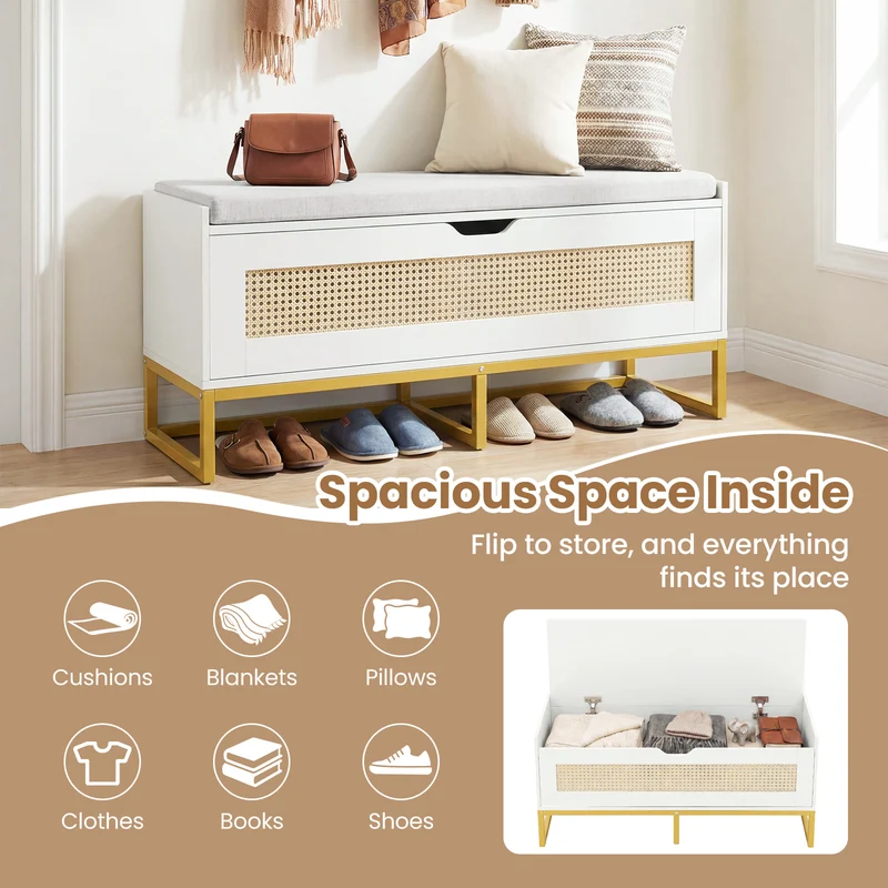 39.5" Rattan Storage Chest, Wicker Shoe Bench, Padded Seat Flip-Top, White
