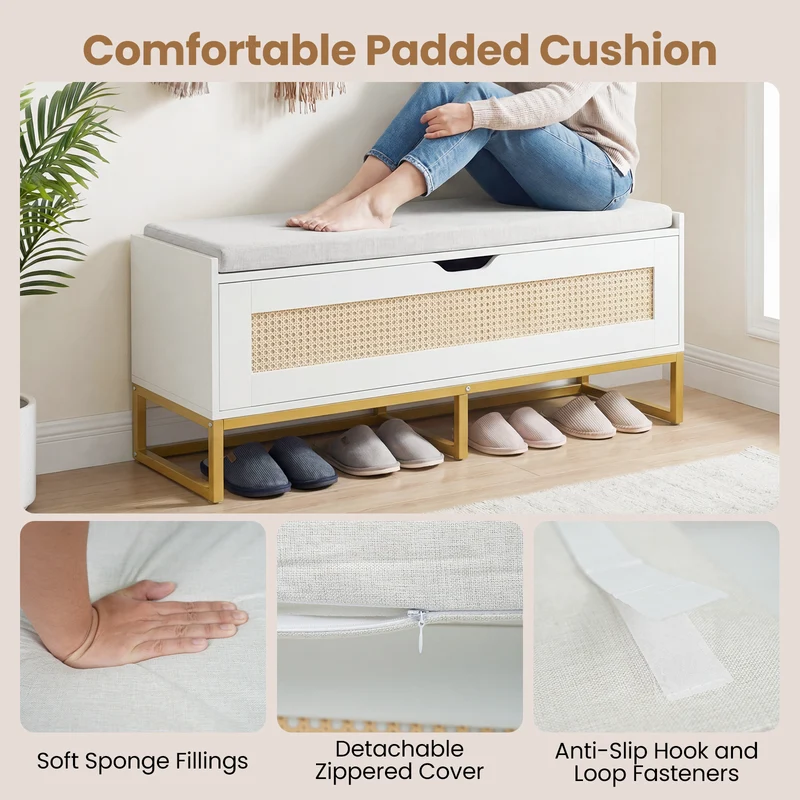 39.5" Rattan Storage Chest, Wicker Shoe Bench, Padded Seat Flip-Top, White