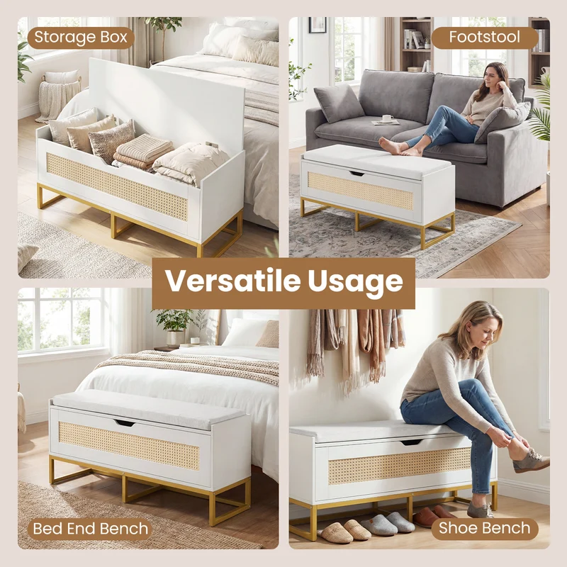 39.5" Rattan Storage Chest, Wicker Shoe Bench, Padded Seat Flip-Top, White