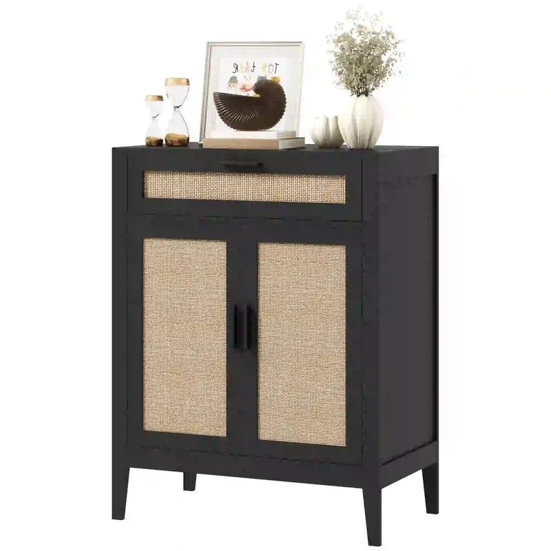 Boho Kitchen Sideboard, 2 Rattan Doors, Drawer, Black