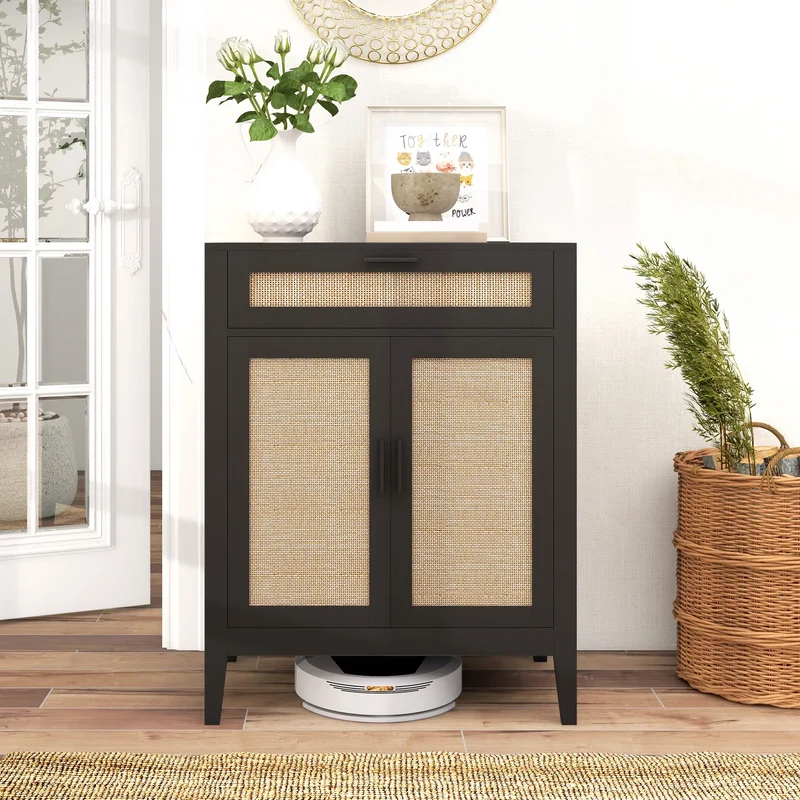 Boho Kitchen Sideboard, 2 Rattan Doors, Drawer, Black