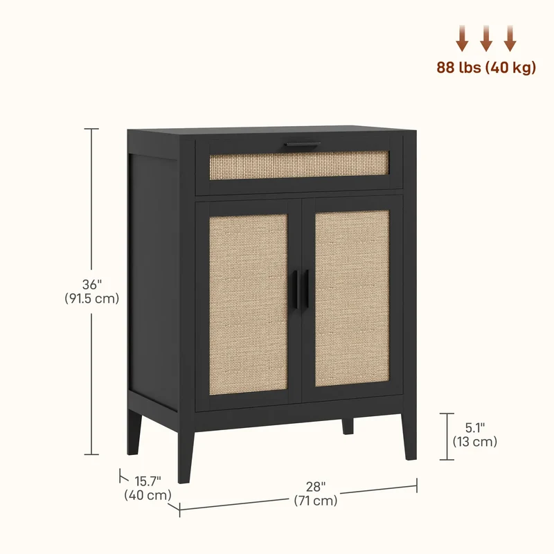 Boho Kitchen Sideboard, 2 Rattan Doors, Drawer, Black