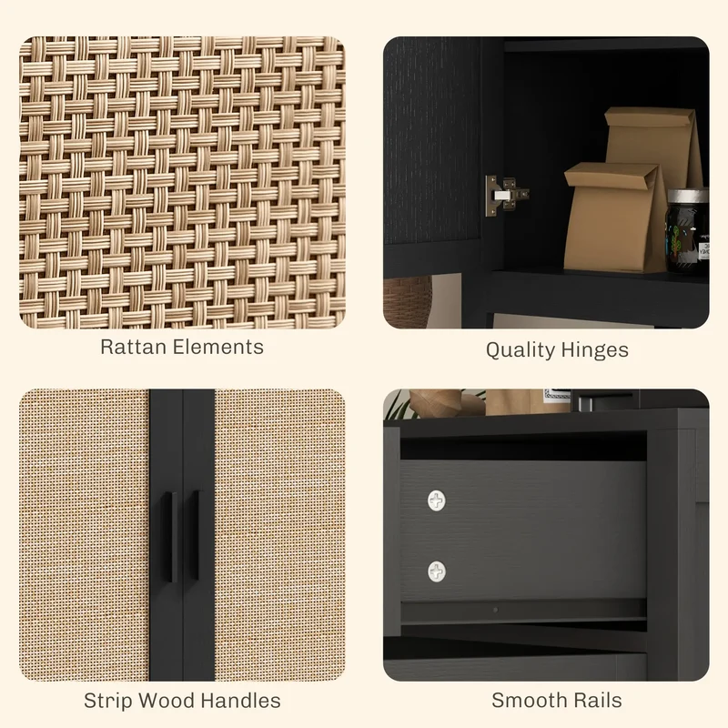 Boho Kitchen Sideboard, 2 Rattan Doors, Drawer, Black