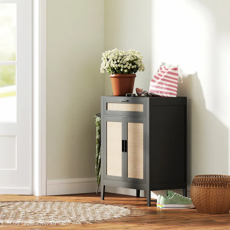 Boho Kitchen Sideboard, 2 Rattan Doors, Drawer, Black