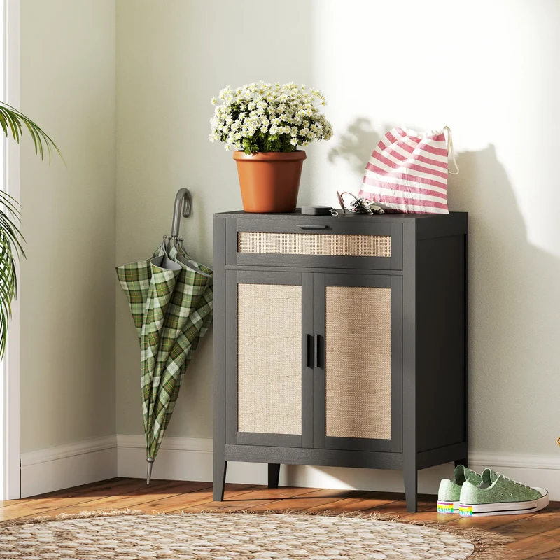Boho Kitchen Sideboard, 2 Rattan Doors, Drawer, Black