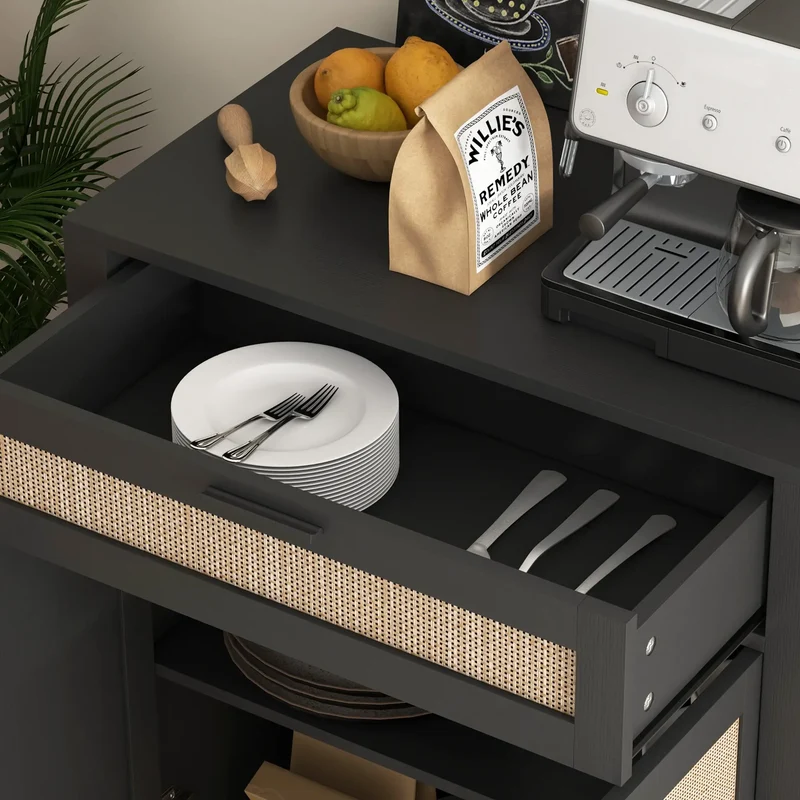 Boho Kitchen Sideboard, 2 Rattan Doors, Drawer, Black