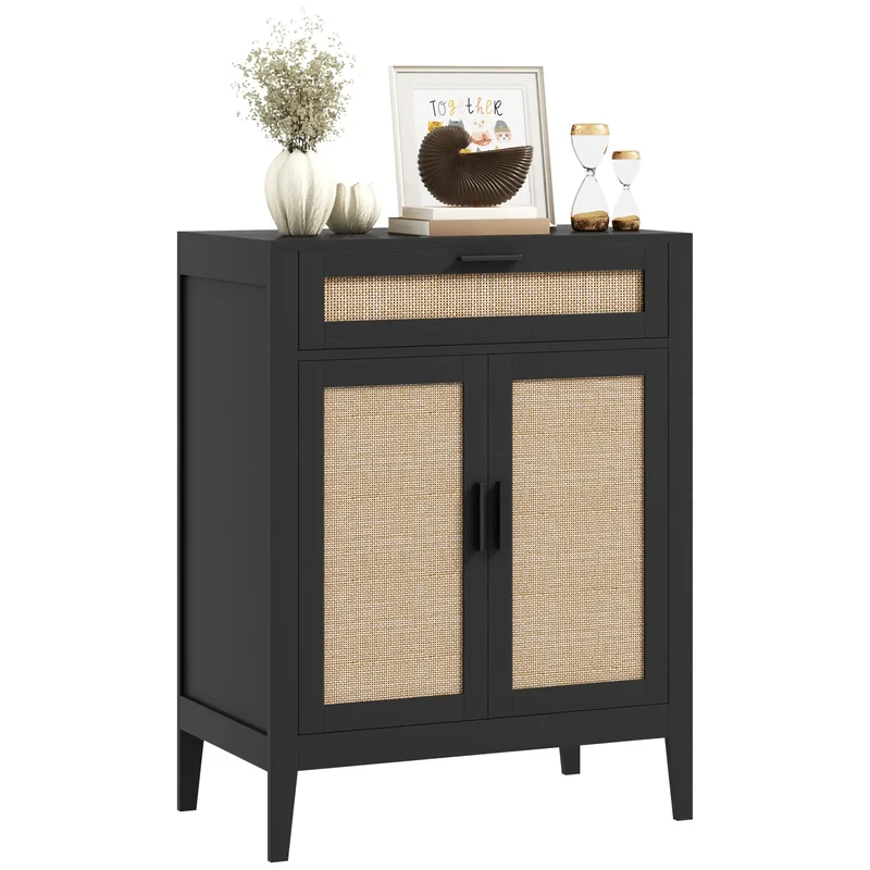 Boho Kitchen Sideboard, 2 Rattan Doors, Drawer, Black