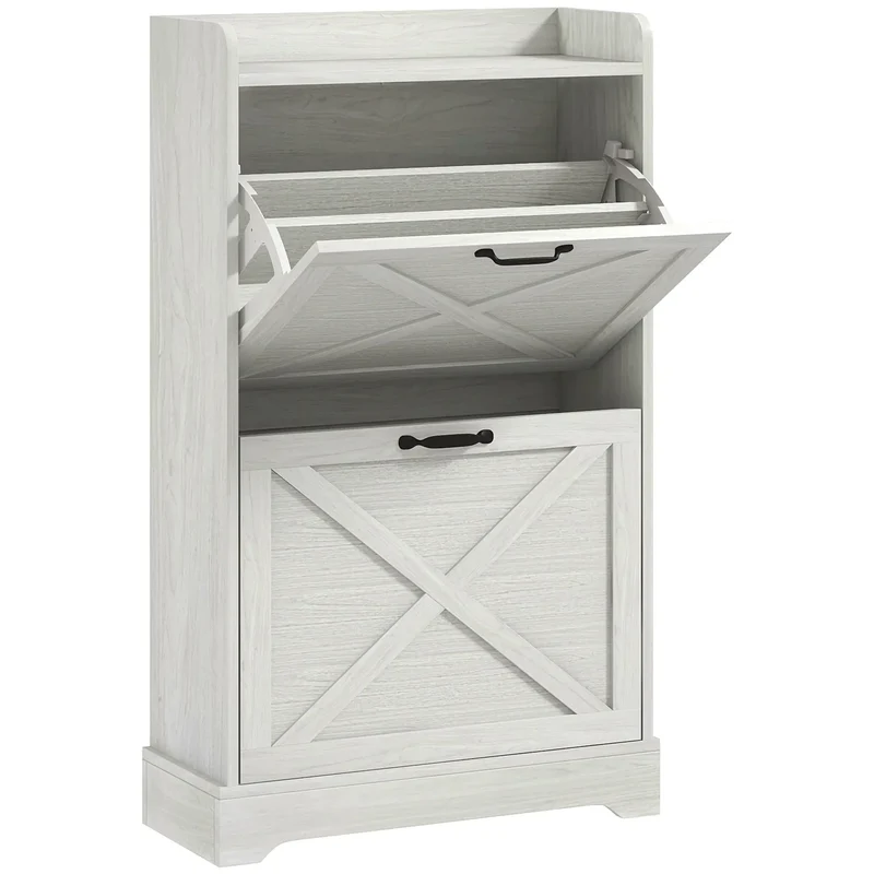 Slim Shoe Storage Cabinet, Farmhouse Style, 2 Flip Drawers, Adjustable Shelves, Holds 8 Pairs, Distressed, White