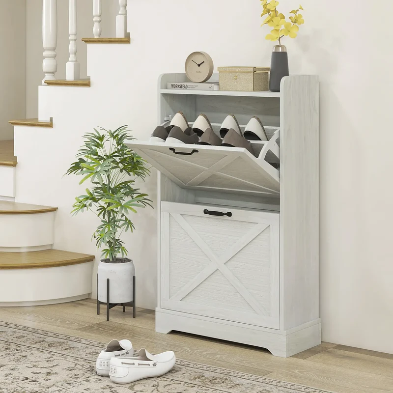 Slim Shoe Storage Cabinet, Farmhouse Style, 2 Flip Drawers, Adjustable Shelves, Holds 8 Pairs, Distressed, White