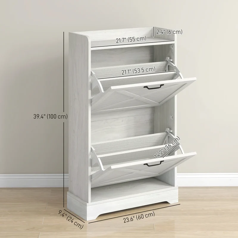 Slim Shoe Storage Cabinet, Farmhouse Style, 2 Flip Drawers, Adjustable Shelves, Holds 8 Pairs, Distressed, White