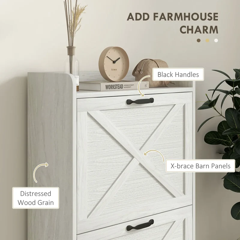 Slim Shoe Storage Cabinet, Farmhouse Style, 2 Flip Drawers, Adjustable Shelves, Holds 8 Pairs, Distressed, White