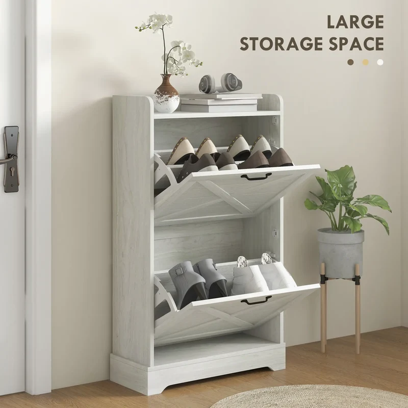Slim Shoe Storage Cabinet, Farmhouse Style, 2 Flip Drawers, Adjustable Shelves, Holds 8 Pairs, Distressed, White