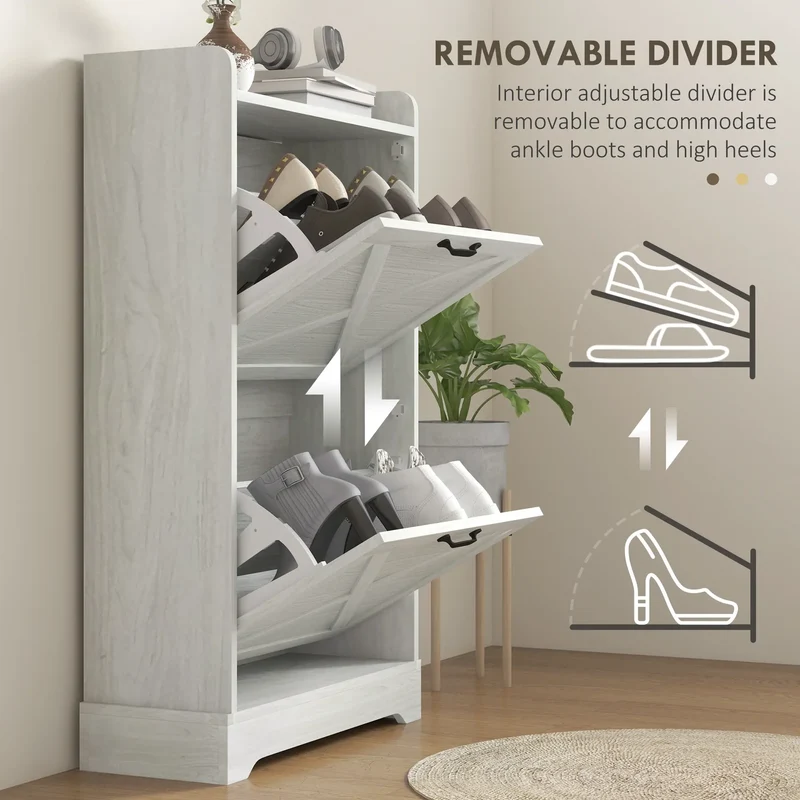 Slim Shoe Storage Cabinet, Farmhouse Style, 2 Flip Drawers, Adjustable Shelves, Holds 8 Pairs, Distressed, White