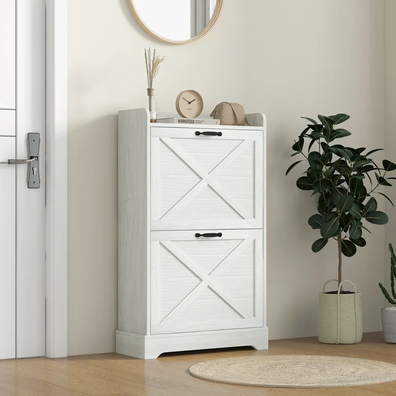 Slim Shoe Storage Cabinet, Farmhouse Style, 2 Flip Drawers, Adjustable Shelves, Holds 8 Pairs, Distressed, White