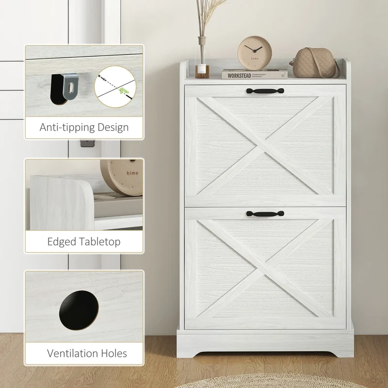 Slim Shoe Storage Cabinet, Farmhouse Style, 2 Flip Drawers, Adjustable Shelves, Holds 8 Pairs, Distressed, White