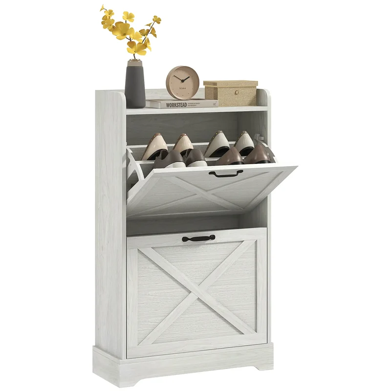 Slim Shoe Storage Cabinet, Farmhouse Style, 2 Flip Drawers, Adjustable Shelves, Holds 8 Pairs, Distressed, White