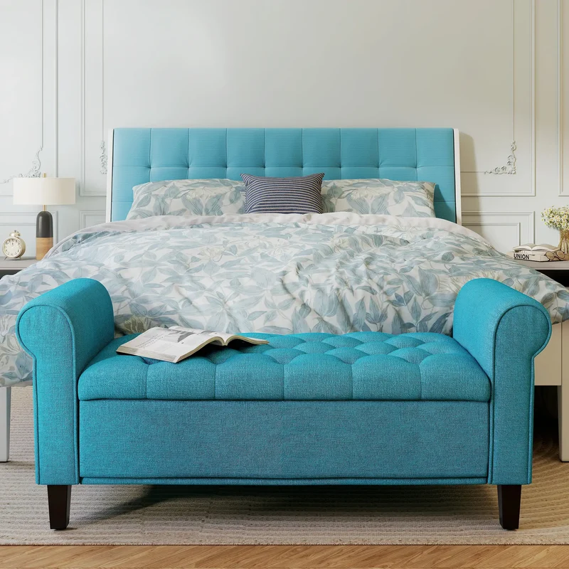 50 Inches Upholstered Storage Ottoman, Rolled Arms, Button Tufted, Teal