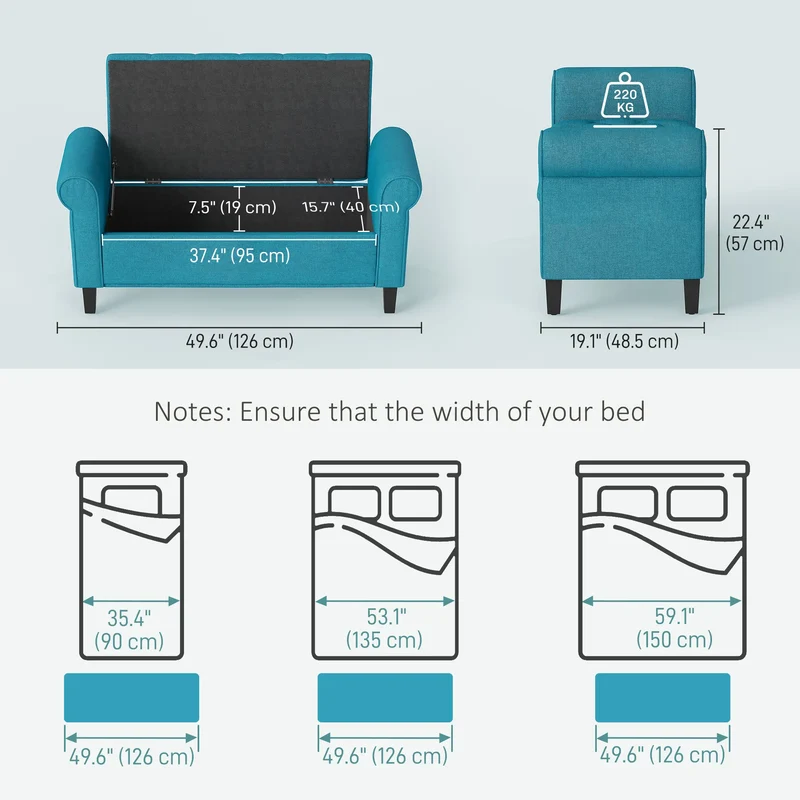 50 Inches Upholstered Storage Ottoman, Rolled Arms, Button Tufted, Teal