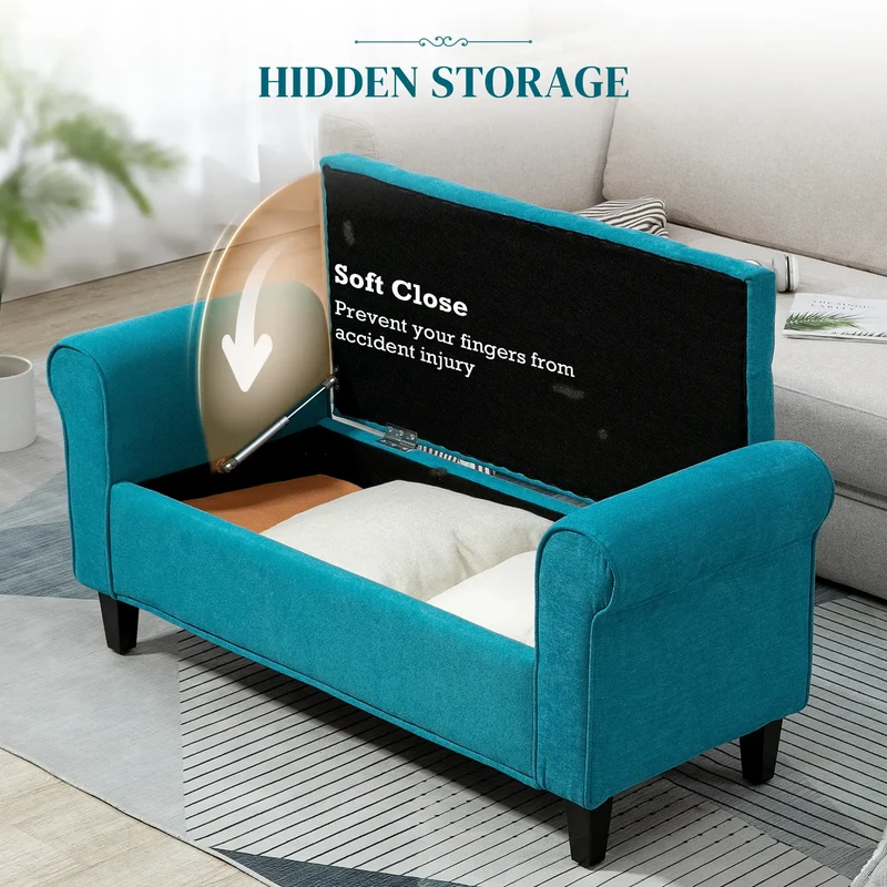 50 Inches Upholstered Storage Ottoman, Rolled Arms, Button Tufted, Teal
