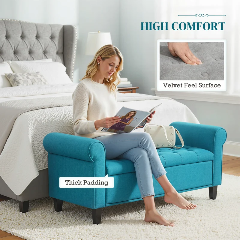 50 Inches Upholstered Storage Ottoman, Rolled Arms, Button Tufted, Teal