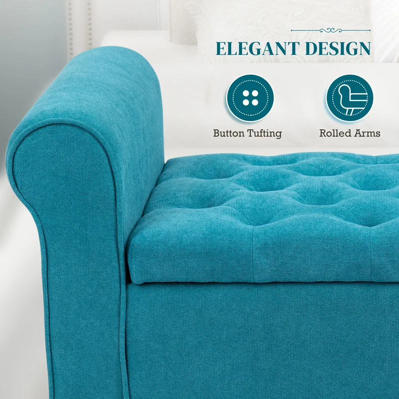 50 Inches Upholstered Storage Ottoman, Rolled Arms, Button Tufted, Teal