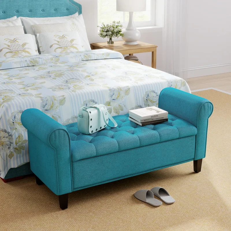 50 Inches Upholstered Storage Ottoman, Rolled Arms, Button Tufted, Teal
