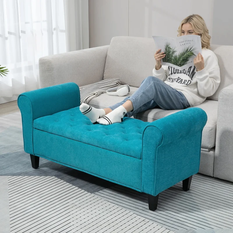 50 Inches Upholstered Storage Ottoman, Rolled Arms, Button Tufted, Teal