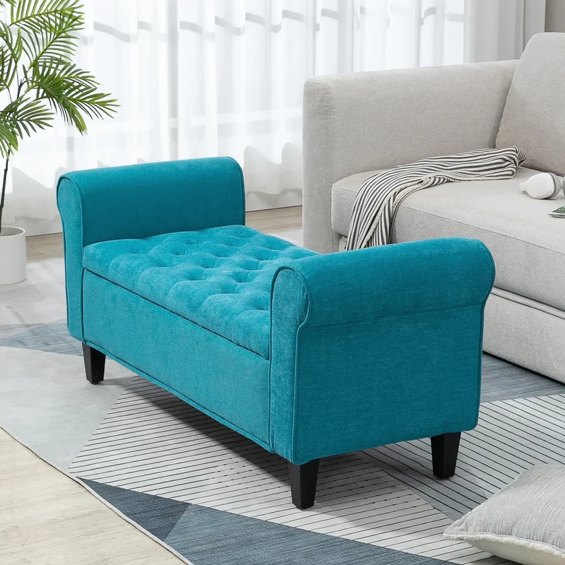 50 Inches Upholstered Storage Ottoman, Rolled Arms, Button Tufted, Teal