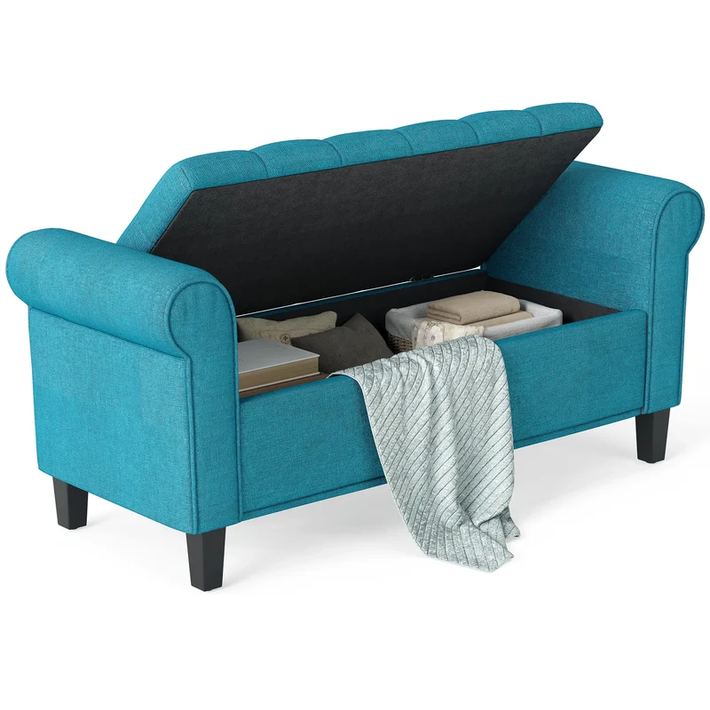 50 Inches Upholstered Storage Ottoman, Rolled Arms, Button Tufted, Teal