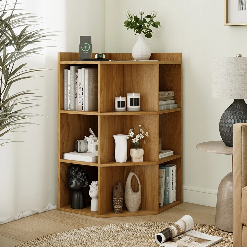 3-Tier Corner Cabinet with Charging Station for Bedroom, Natural