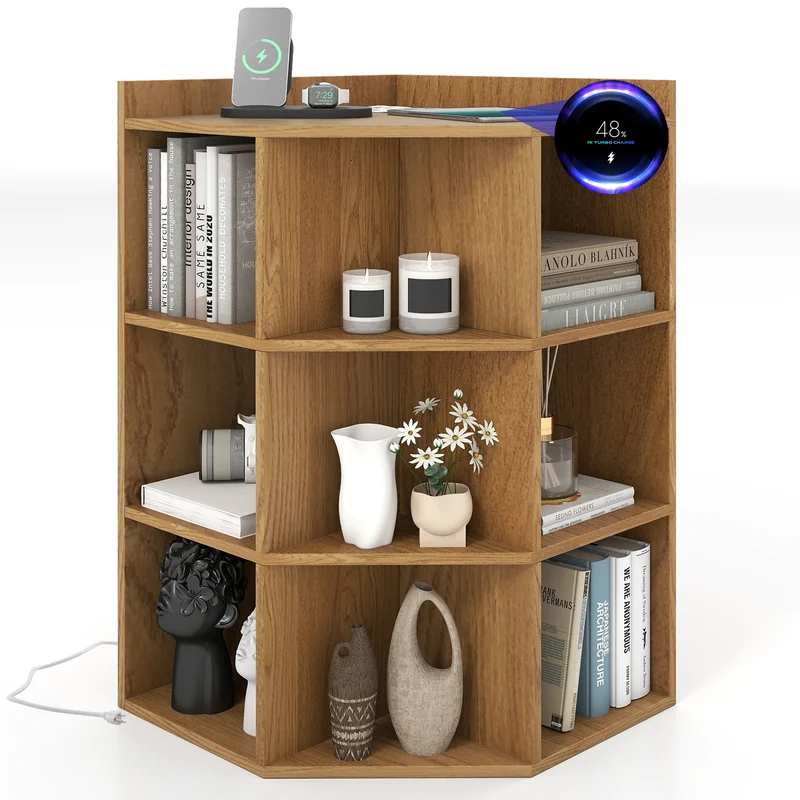 3-Tier Corner Cabinet with Charging Station for Bedroom, Natural