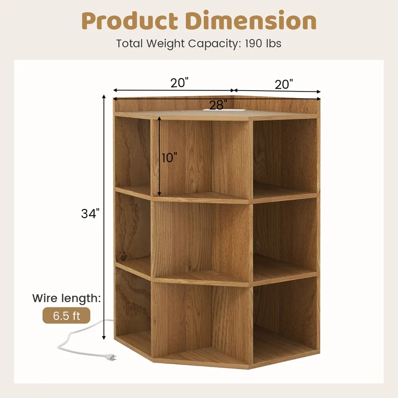 3-Tier Corner Cabinet with Charging Station for Bedroom, Natural