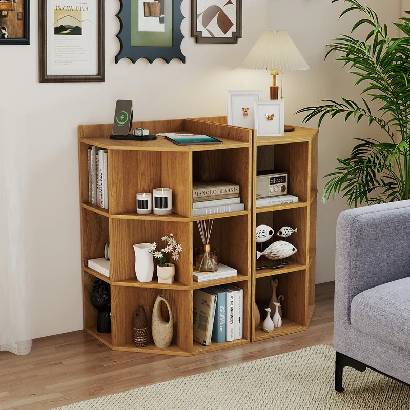 3-Tier Corner Cabinet with Charging Station for Bedroom, Natural