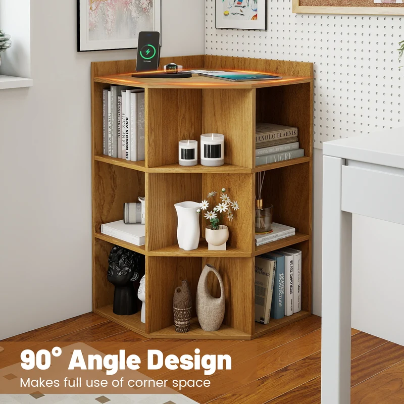 3-Tier Corner Cabinet with Charging Station for Bedroom, Natural