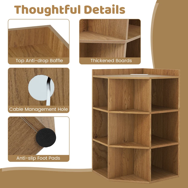 3-Tier Corner Cabinet with Charging Station for Bedroom, Natural