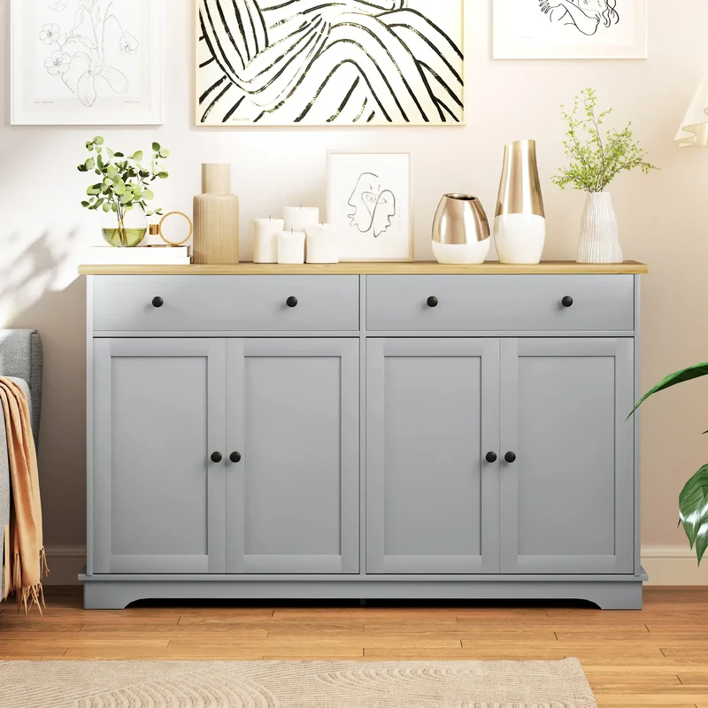 Modern Sideboard, Buffet Cabinet with Drawers, Adjustable Shelves, Grey
