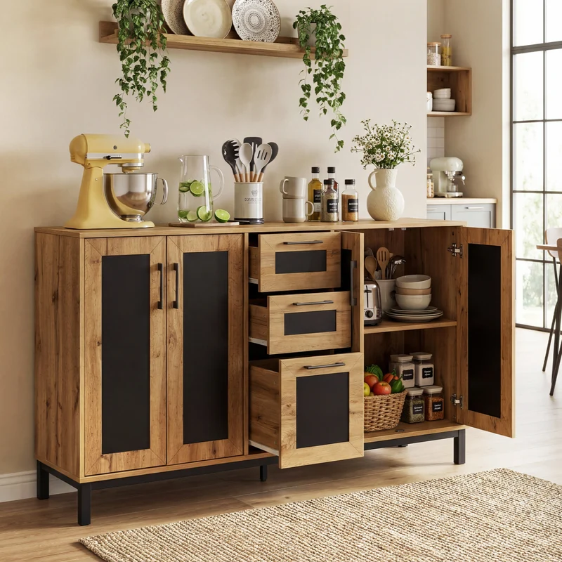 63" Sideboard Buffet Cabinet, 3 Drawers, Storage Shelves, Natural