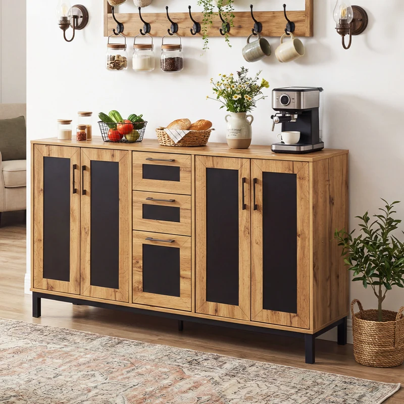 63" Sideboard Buffet Cabinet, 3 Drawers, Storage Shelves, Natural