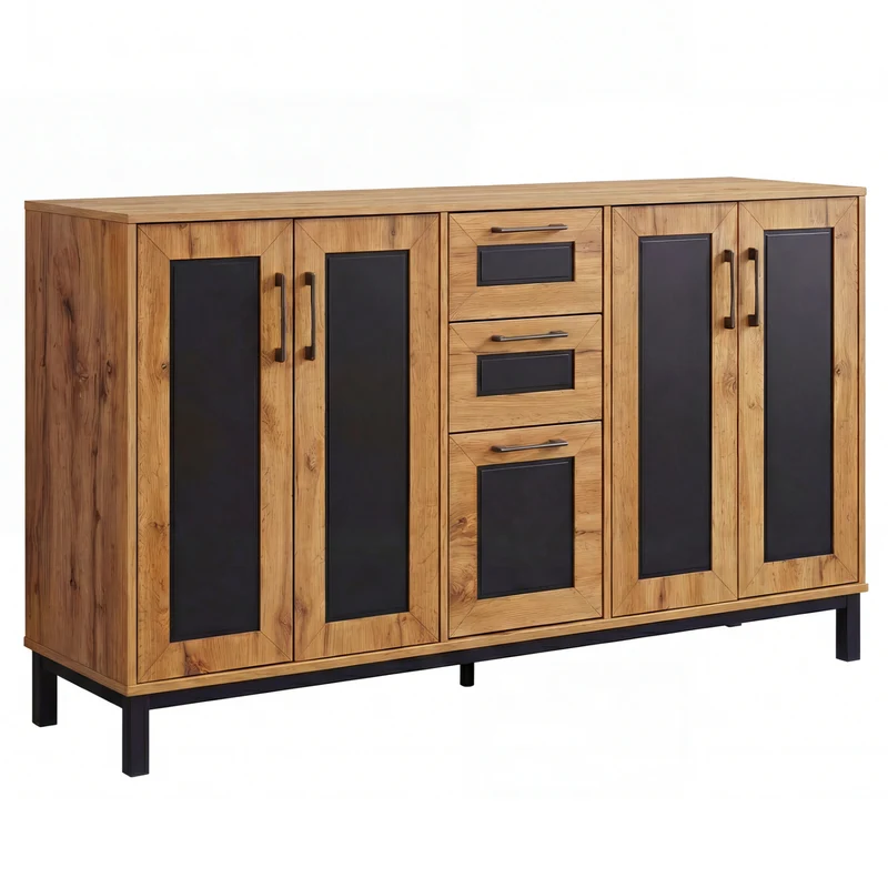 63" Sideboard Buffet Cabinet, 3 Drawers, Storage Shelves, Natural