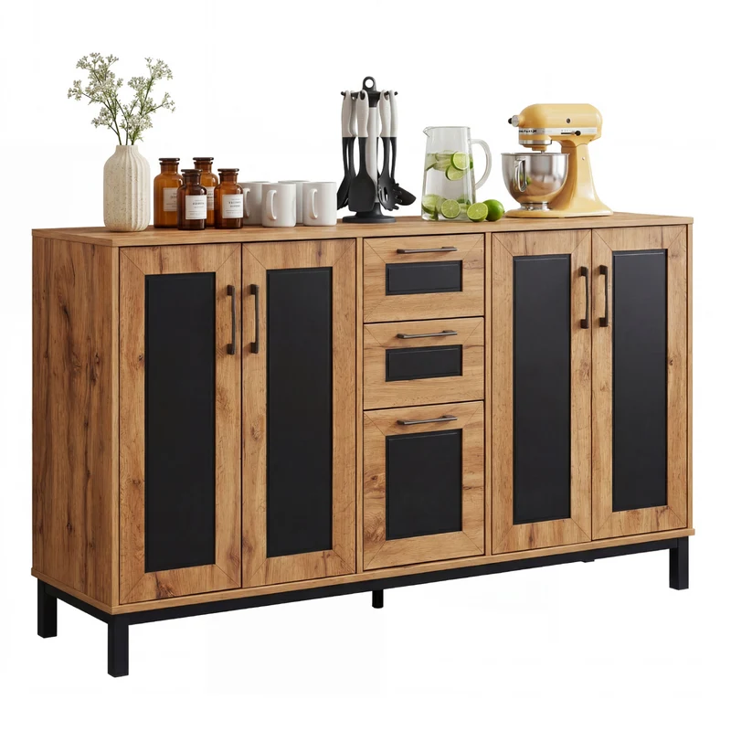 63" Sideboard Buffet Cabinet, 3 Drawers, Storage Shelves, Natural