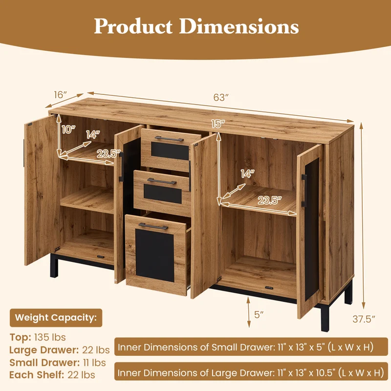63" Sideboard Buffet Cabinet, 3 Drawers, Storage Shelves, Natural