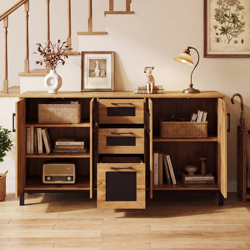 63" Sideboard Buffet Cabinet, 3 Drawers, Storage Shelves, Natural