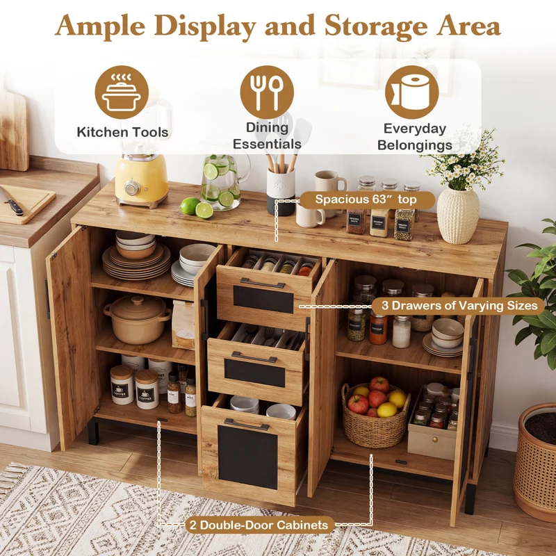 63" Sideboard Buffet Cabinet, 3 Drawers, Storage Shelves, Natural