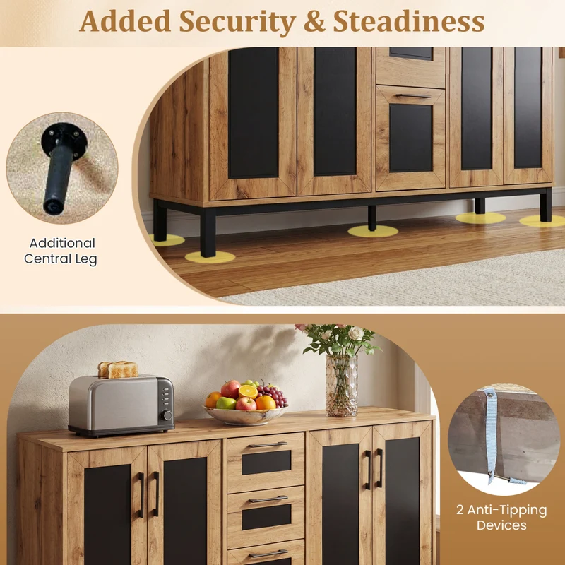 63" Sideboard Buffet Cabinet, 3 Drawers, Storage Shelves, Natural